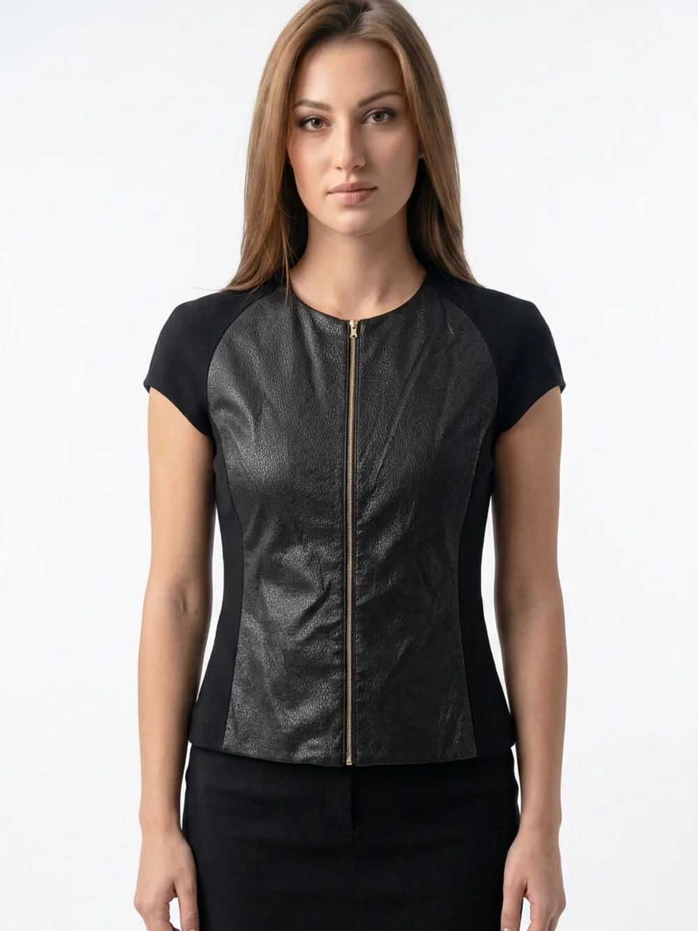 L'AGENCE | Black Short-Sleeve Leather-Front Zip Jacket Women’s Size 6